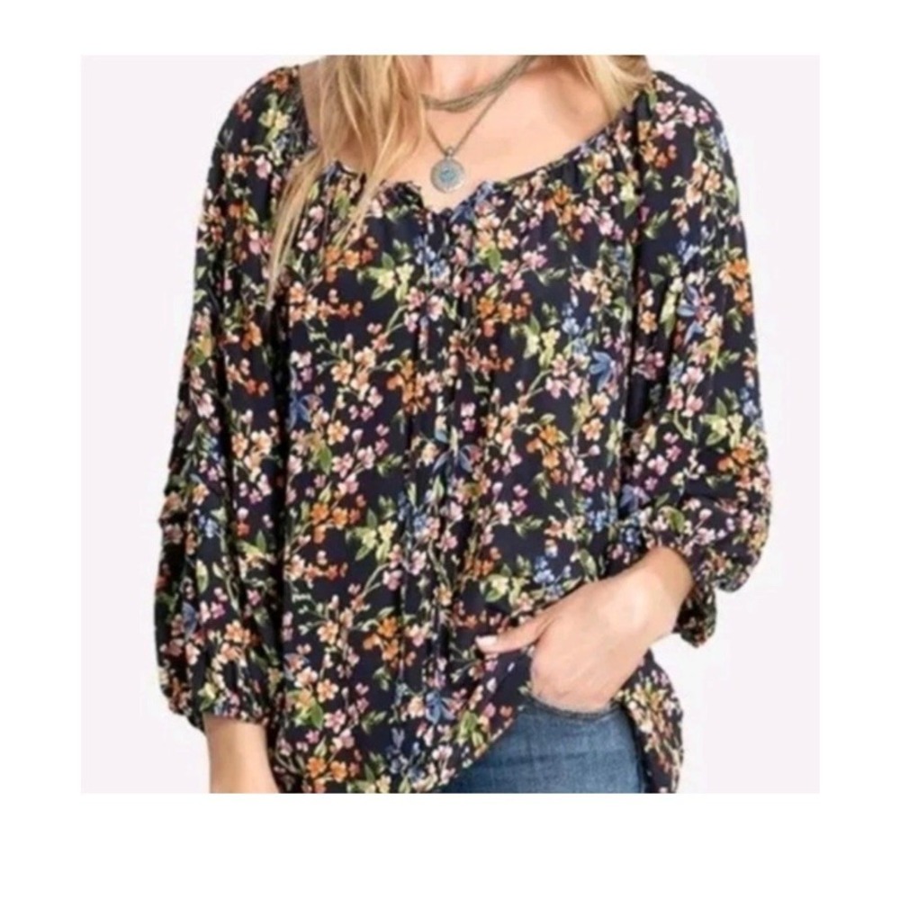 Johnny Was JADE Rocco 100% Silk Floral Print Peasant Tunic Blouse Top Size XS